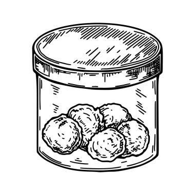 Esrar kavanozu. Marihuana ürünleri çiziyor. El çizimi gerçekçi vektör çizimi