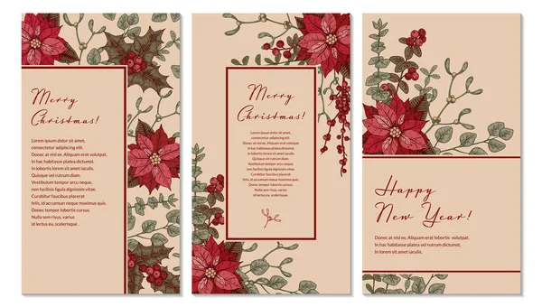 Conjunto Feliz Natal Feliz Ano Novo Cartões Verticais Com Flores — Vetor de Stock