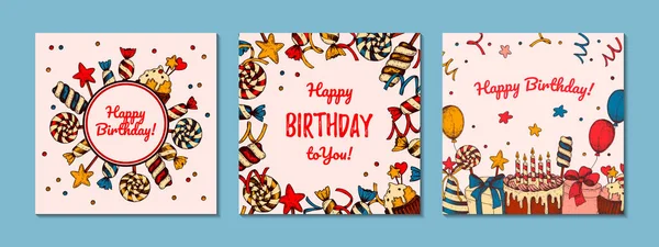 Σετ Ευχετήριες Κάρτες Γενεθλίων Σχέδιο Ζωγραφισμένο Στο Χέρι Εορταστικό Φόντο — Διανυσματικό Αρχείο
