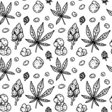 Marihuana yaprakları ve tomurcukları pürüzsüz. Kenevir el yapımı klasik arka plan. Robot resim tarzında vektör illüstrasyonu. Ot oyma tasarımı