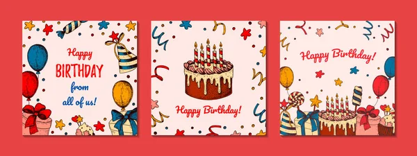 Set Happy Birthday Greeting Cards Hand Drawn Design Festive Background — Stock Vector