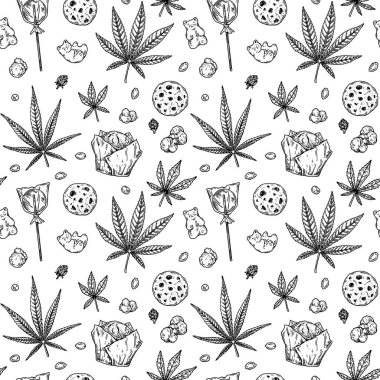 Kenevir ürünleri pürüzsüz. Marihuana el yapımı klasik arka plan. Robot resim tarzında vektör illüstrasyonu. Ot oyma tasarımı