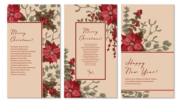 Merry Christmas Happy New Year Vertical Greeting Card Pack Hand — Stock Vector