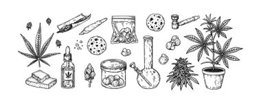 Esrar içme araçları ve ürünleri. El yapımı marihuana tasarım elementleri. Robot resim biçiminde vektör illüstrasyonu