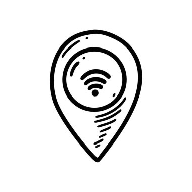 Doodle wifi konum simgesi. Kablosuz uydu internet bağlantısı tam yerini belirliyor. Radyo sinyali sembolünü çiz. El çizimi harita iğnesi.