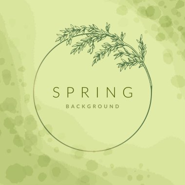 Çiçek çerçevesini az çember yapın. Çiçek bitkisi zarif bir çelenk. Yeşil suluboya arka plan. Düğün, güzellik, kaplıca, mücevher salonu, kozmetik ambalaj tasarımı ve logosu. Antika çizgi kenarı