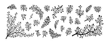 Bahar çiçekli siluet dalımız hazır. Siyah beyaz el çiçekli bitkilerin minimalist simgelerini çizdi. Tebrik kartları, düğün davetiyeleri, sosyal medya şablonları için minimal modern tasarım ögesi