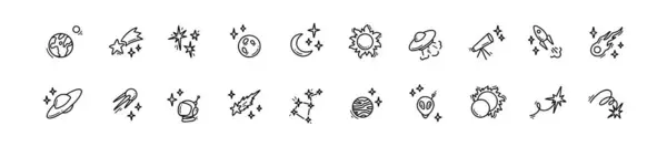Kosmické Ikony Vesmírného Prostoru Nastaveny Planety Souhvězdí Kosmické Lodě Raketové Stock Ilustrace