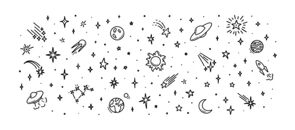 可爱的线条涂鸦空间背景 手工绘制的行星 宇宙飞船的集合 幼稚的画宇宙图解 蜡笔画 夜空中的星星 矢量图形