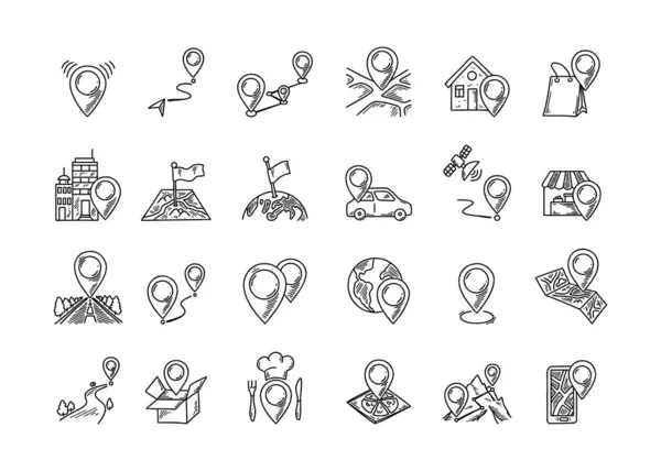 Gps Mapa Pin Doodle Ikony Nastaveny Ručně Kreslené Značky Destinací Stock Ilustrace
