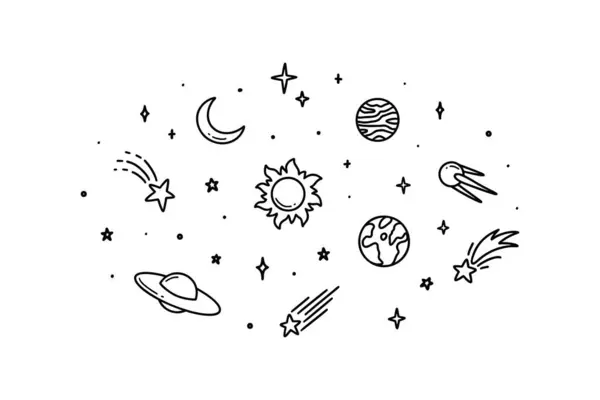 可爱的线条涂鸦空间背景 很幼稚的例证手绘行星 土星环素描闪烁 星星之火 夜空中的星星 矢量图形