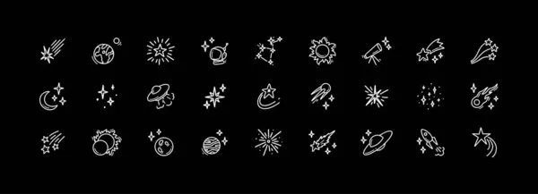 涂鸦外太空宇宙图标设置 宇宙飞船 火箭手绘直线图解 流星和彗星坠落 异形船天文学和占星学概念 图库矢量图片