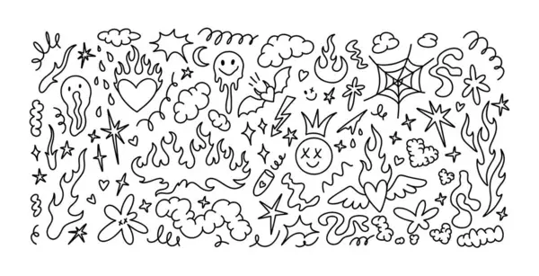 Doodle Emo Goth设计元素 涂鸦城市城墙街道艺术背景 手绘Y2K残忍元素 微笑的情感 流体液体有机形状 岩石和庞克草图 图库矢量图片