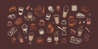 Kahve tahtası. Sıcak, soğuk içecekler ve dikişli tatlılar. Sevimli yemek elementleri. Restoran, kafe, pastane, pastane, pastane, şekerleme, kahve servisi menüsü için minimalist simgeler