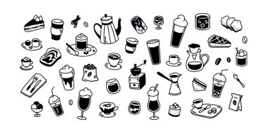 Karalama kahve ikonları hazır. Elle çizilmiş kafe, restoran, pastane menüsü şirin çizgi elementleri. Yiyecek ve içecek çizimleri. Kahve, çay, espresso, latte, mocha, matcha, milkshake, kokteyl skeç