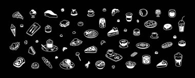Kahve tahtası. Sıcak, soğuk içecekler ve dikişli tatlılar. Sevimli yemek elementleri. Restoran, kafe, pastane, pastane, pastane, şekerleme, kahve servisi menüsü için minimalist simgeler