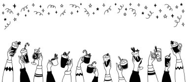 Ellerinizi sıcak Noel içkileriyle kaldırın. Güzel karalama çizimi. Kutlama geçmişi. Balkabağı aromalı latte, sıcak şarap, sıcak kokteyl, lokum çikolatası. Çirkin süveter partisi