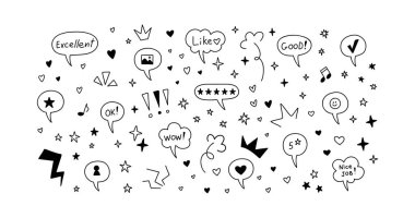 Sosyal medyayı ikonlar gibi karalayan şirin bir çizgi. El yazısı konuşma baloncukları, mesaj kutuları, geri bildirim, takip, abone olma gibi. Çocuk, çocuk partisi, doğum günü, yıldönümü davetiye tasarımı unsurları