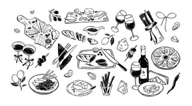 Şarap ve aperatifler. Minimalist çizimler. La Dolce vita illüstrasyon tarzı. İspanyol mezeleri, peynirli şarküteri tabağı, istiridye. Akdeniz restoranının menü geçmişi. Yavaş yaşam konsepti