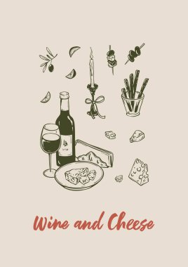 Şarap ve peynir minimalist el dikey a4 posteri çizdi. Sketchy vektör çizimi. Restoran, bar, davetiye menüsü tasarımı. Brunch, öğle yemeği, piknik klasik Victoria geçmişi.