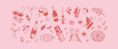 Kız yemeği ve pembe şarap arka planı. Coquette tarzı. La Dolce Vita konsepti. Sevgililer Günü tebrik kartları, düğün davetiyeleri, doğum günü tasarımları için tasarım malzemeleri. Asgari illüstrasyon