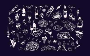 Akdeniz, Yunan, İtalyan restoranı menüsü kara tahta. Tebeşir çizimi. Şarap, peynir, pizza, istiridye, şarküteri tasarım elementleri. El yazısı çizimi vektör çizimi. Yunan ve Fransız pikniği