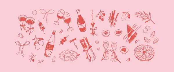 Kız yemeği ve pembe şarap arka planı. Coquette tarzı. La Dolce Vita konsepti. Sevgililer Günü tebrik kartları, düğün davetiyeleri, doğum günü tasarımları için tasarım malzemeleri. Asgari illüstrasyon