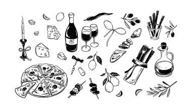 Yaz pikniği yemekleri ve şarap vektör çizimleri ayarlandı. Pizza, peynir tabağı, baget, alkol bardağı ve klasik minimalist skeç. La Dole Vita. Kömür karalaması. Restoran, kafe menüsü tasarımı