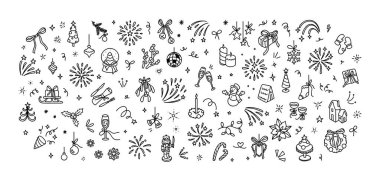 Güzel çizgiler Mutlu Noeller ve... Yeni yılın el çizimi dikdörtgen arka planı kutlu olsun. Minimalist çocukların pastel boya karalaması. Parti kutlaması. Havai fişek, konfeti, ışık ve hareket efekti