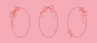 Bir dizi oval zarif kurdele çerçevesi. Coquettish el çizimi çizimi sanat illüstrasyonu. Fransız tarzı. İtalyan la dolce vita tasarım elementi. Garip dalgalı sınır çizimleri. Düğün davetiyesi