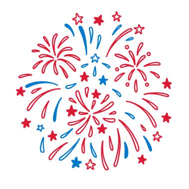 Amerika 'nın Bağımsızlık Günü 4 Temmuz vatansever havai fişek geçmişi. 4 Temmuz ABD bayramı kutlamaları için havai fişek. El çizimi şirin çizgi çizimi vektör çizimi. Mavi ve kırmızı renkler