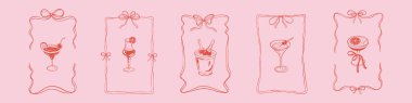 El çizimi çubuk tasarımı elementleri. Alkol içecekleri. Şirin romantik koquette stile kurdele yay kaprisli dalgalı dikdörtgen çerçeveler. Düğün, doğum günü, bekarlığa veda partisi klasik Victoria davetiyeleri.