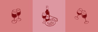 Şarap ve peynirli el çizimi posterler. Şişe, şarap kadehi, parmesan tabağı karalama mürekkebi. Restoran, bar yemekleri ve içecek tasarım elementleri. İtalyan ya da Fransız şaraphanesi geçmişi