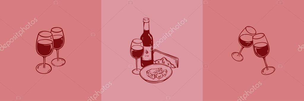 Wine and cheese hand drawn sketch posters set. Bottle, wineglass, parmesan plate doodle ink drawing. Restaurant, bar food and drink menu design elements. Italian or French vinery background