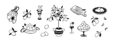 Yaz limonlu el çizimi vektör çizimi. İtalyan Amalfi, Positano, Sicilya Akdeniz kıyısı tasarım elementleri. Sepet, limoncello ve kokteyl bardağı, vazoda ağaç çizimi.