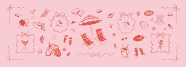 Pembe arka planda Coquette stili kız tasarım elementleri. Summer Beach Bekarlığa Veda Partisi taslak çizimleri. İtalyan tatili. Estetik piknik tasarımı elementleri. Tuhaf yay çerçeveleri ve köşeleri