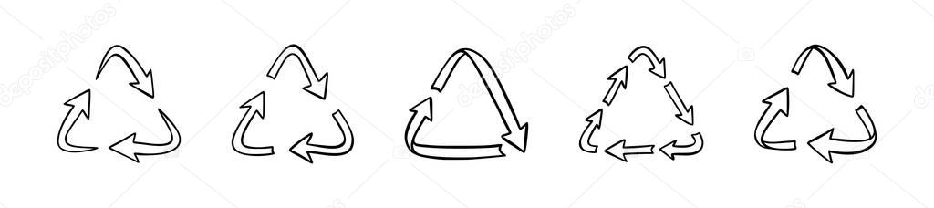 Set of hand drawn doodle triangle recycle symbol. Reuse sign drawing. Plastic, waste, paper mark and code background. Garbage identification sketch icon. Ecology label. Arrow circulation