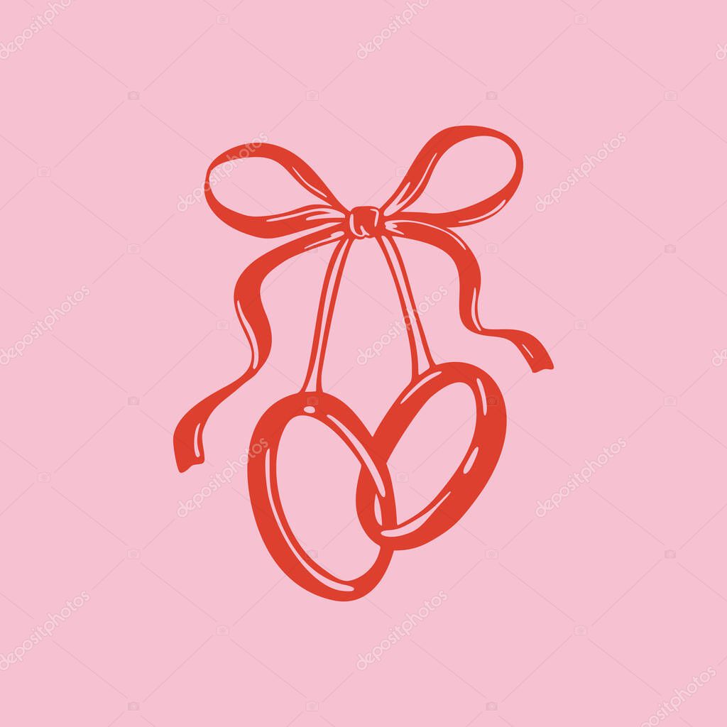 Interlocked hand drawn two wedding rings. Coquette whimsical bow ribbon sketch doodle vector illustration.Love Valentines day concept. Vintage invitation, bachelorette, engagement party design element
