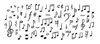 El çizimi şirin çizgiler müzik notaları ve tabelalar. Pastel boya arka planı. El yazısı çizimi vektör çizimi. Melodi ses sembolleri. Tuhaf tebeşir çocuksu desen