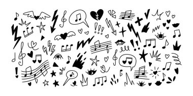 Punk rock müzik festivali arka planda kaldı. Emo Gotik kız tasarımı. Yıldız, kalp şekli, alev, aşk ve el yazısıyla yazılmış romantik çizimler. Not, melodi, melodi graffiti konsepti