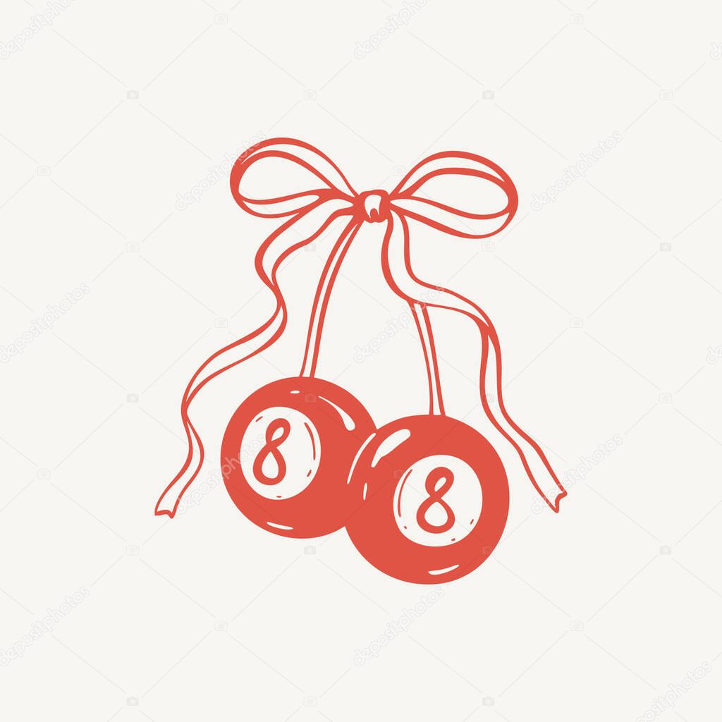 Number eight billiard ball in girly cherry style. Whimsical coquette drawing with cute ribbon bow. Pool 8 sphere. Aesthetic minimalist art vector illustration. Feel lucky day concept. Sport game