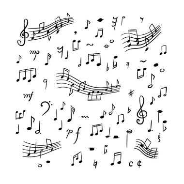 El çizimi şirin çizgiler müzik notaları ve tabelalar. Pastel boya arka planı. El yazısı çizimi vektör çizimi. Melodi ses sembolleri. Tuhaf tebeşir çocuksu desen