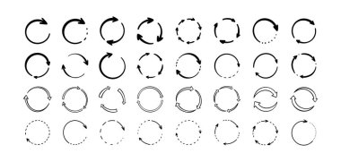 El çizimi ok dairesi simgesi seti. Geri dönüşüm sembolü çizimi. İşlem, yükleme, sıfırlama, yenileme göstergesi. Dairesel dönüş işareti. El yazısı çizimi. Çizgi çizimi vektör illüstrasyonu