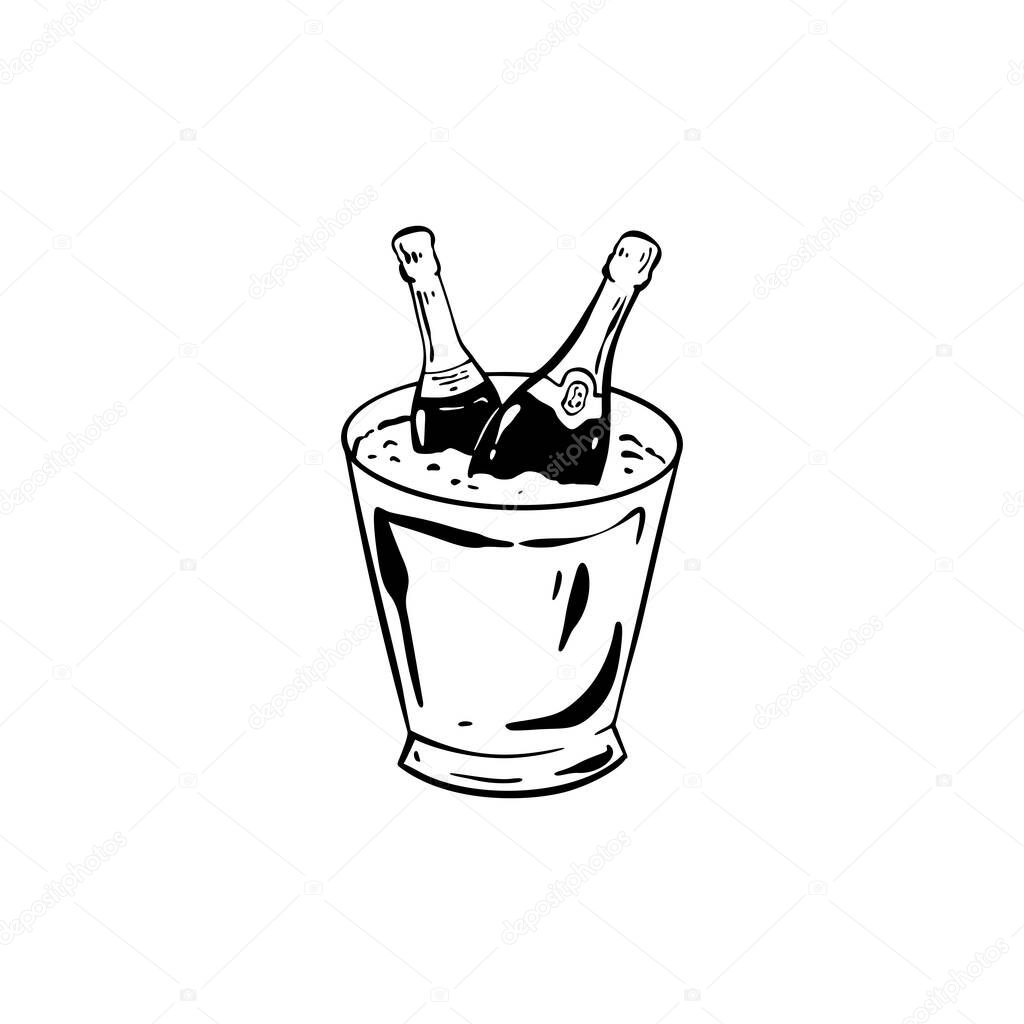 Hand drawn champagne bucket with ice. Sparkling wine chilling in the basket. Prosecco cooler drawing. Vector illustration in sketch style. Christmas, New Year, birthday, bachelorette party celebration