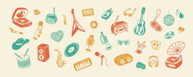 Retro müzik el çizimi arka plan. Eski moda rock ve pop konser tasarımı elementleri ve ikonlar. 80 'lerin Y2K tarzı nostalji disko partisi, karaoke, festival eskiz posteri. Vinil oynatıcı