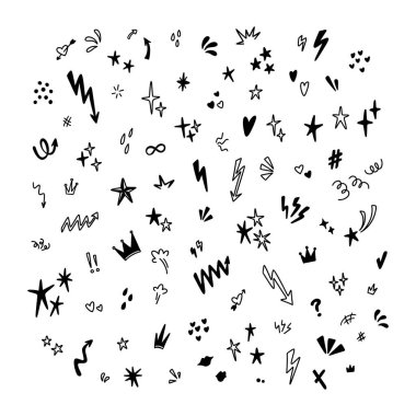 Çizgi karalama ikonu ve çıkartma seti. Japon manga tarzı. Doğum günü, Noel, yeni yıl tasarımları için garip, eğlenceli çizimler. Yıldız, kalp, pırıltı, pırıltı. Emo grunge grafiti.