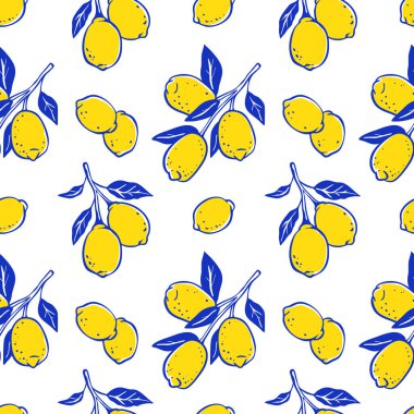 İtalyan limonlu, dikişsiz desen tasarımı. Mavi ve sarı yaz mevsimi narenciye meyveli el çizimi arka plan. İtalya, Amalfi, Positano, la Dolce vita el çizimi tarzı. Grafik tekstil baskısı