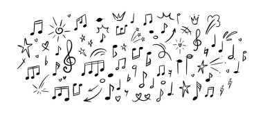 Müzik notaları, anahtarlar ve semboller. Tuhaf, oyuncu el yazısı vektör çizimi. Çizgi karalama arkaplanı güzelmiş. Çocuklar güneş, yıldız, ışıltı, pastel boya kalemleri. Okul, anaokulu posteri.