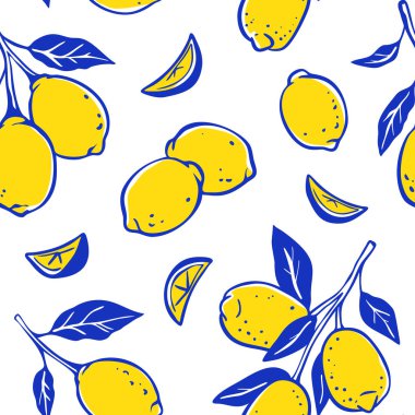 El çizimi sarı ve mavi limon arka planı. İtalyan, Amalfi, Positano, Sicilya yaz tarzı. Citrus meyvesi, yapraklar, dallar kusursuz desenler çiziyor. Garip trend vektör illüstrasyonu