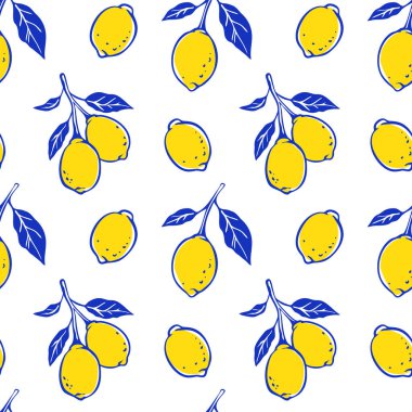 İtalyan mavisi ve sarı limonlu, pürüzsüz desen. Turunçgiller, yapraklar ve dallar şakacı ve tuhaf bir arka plan çizmişler. La Dolce Vita Amalfi stilinde şirin çizgi çizimi çizim vektör illüstrasyonu